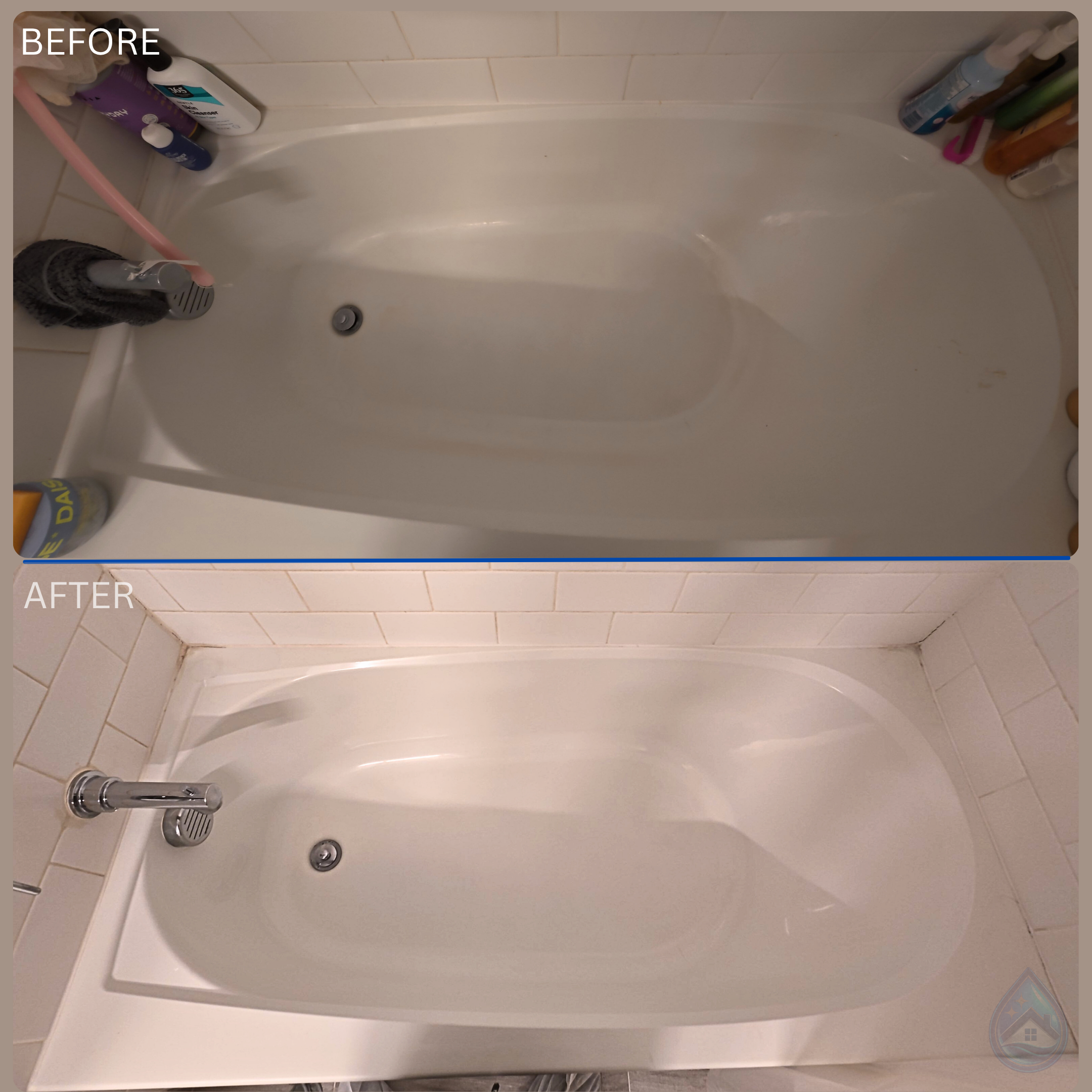 Bathtub before and after deep cleaning by Purelux Cleaning