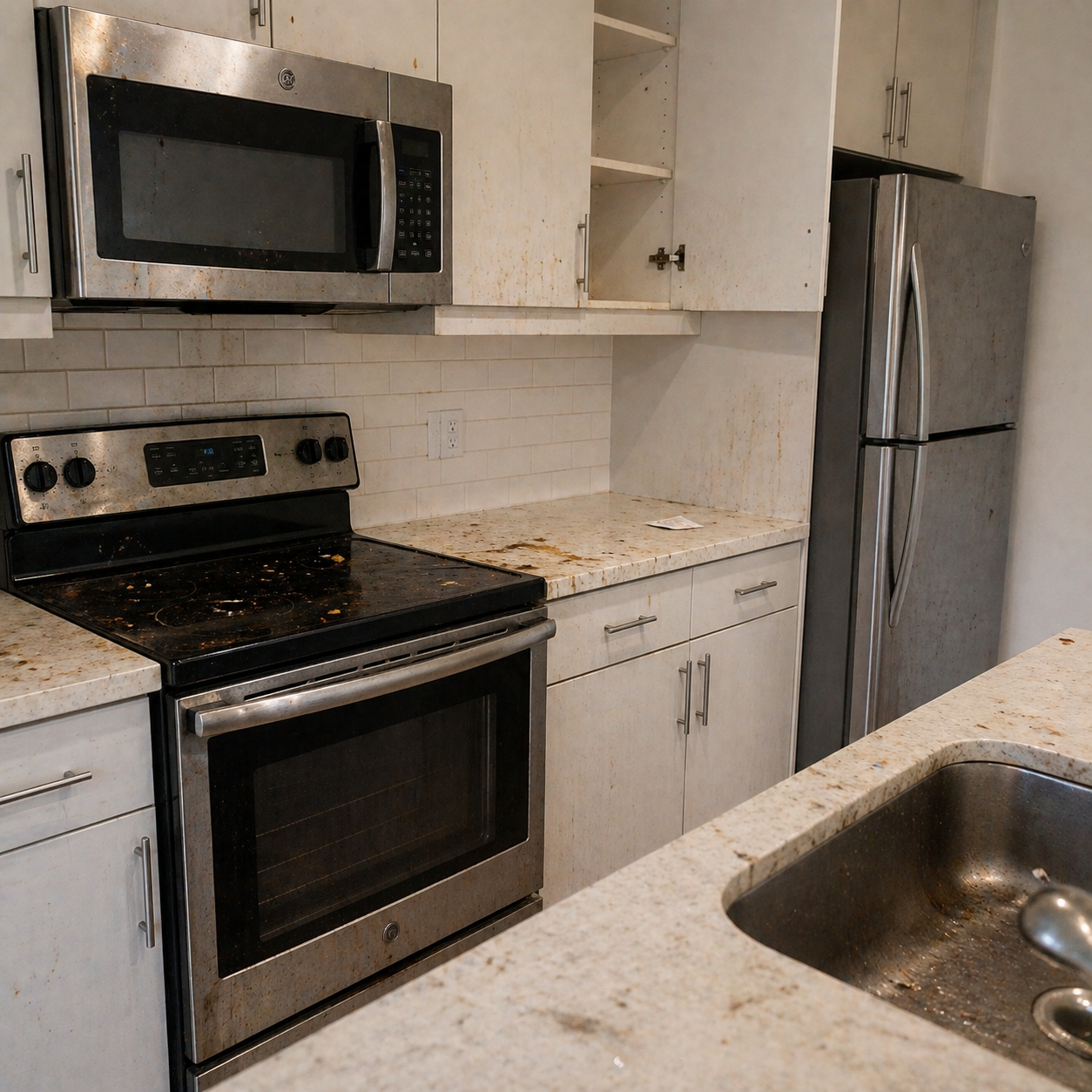 Apartment kitchen before turnover cleaning after tenant move out