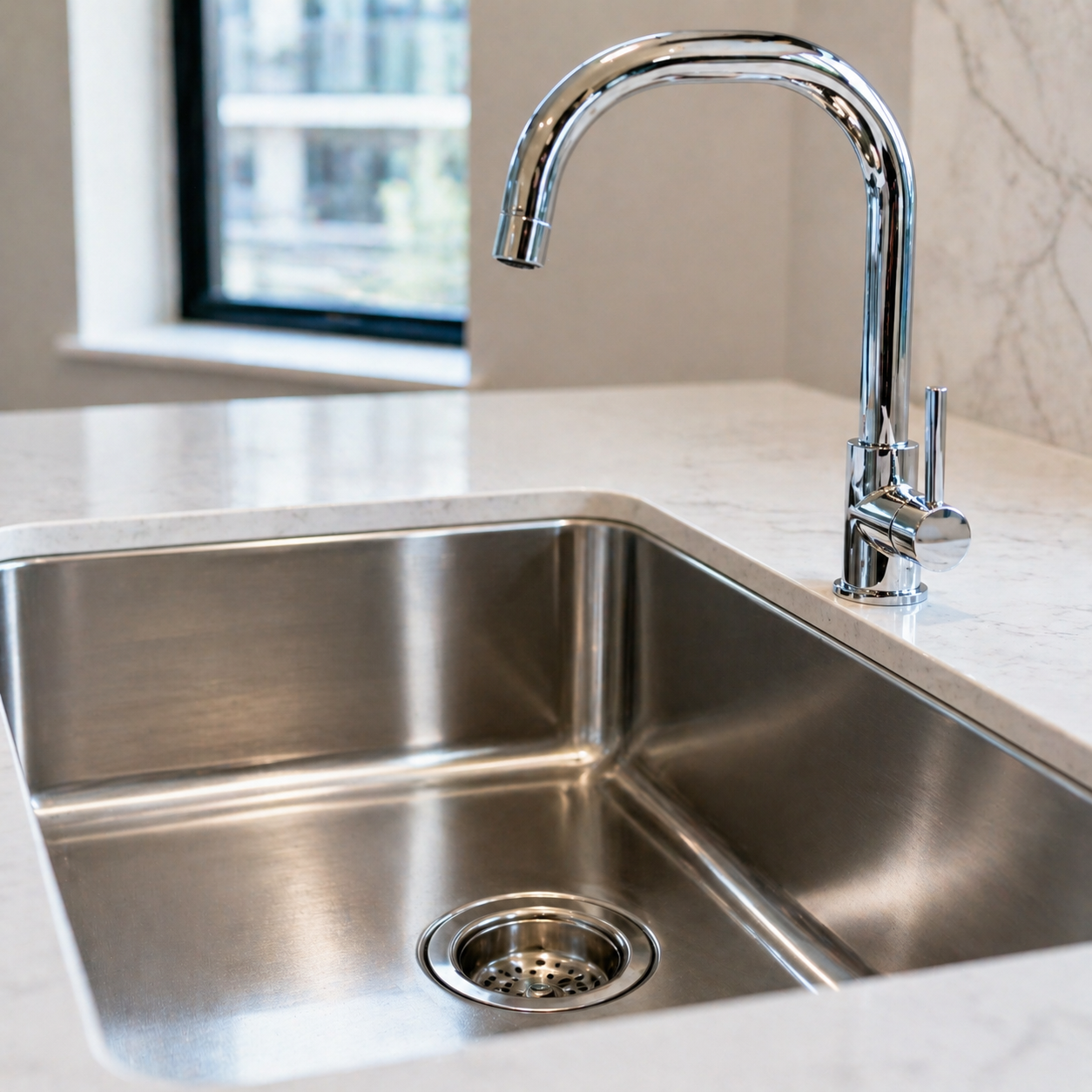 Clean apartment sink and faucet detail after turnover cleaning